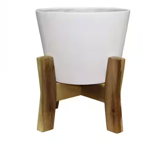 Photo 1 of 16 in. Shevlin Large White Resin Planter (16 in. W x 19.9 in. H) With Wood Stand