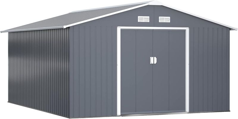 Photo 1 of ***MISSING ASEEMBLY ACCESSORIES, ONLY 4 BOXES*** Outsunny 11.15'W x 12.5'D x 6.6'H Outdoor Backyard Garden Tool Shed with Double Sliding Doors, 4 Airy Vents, & Durable Steel, Dark Grey