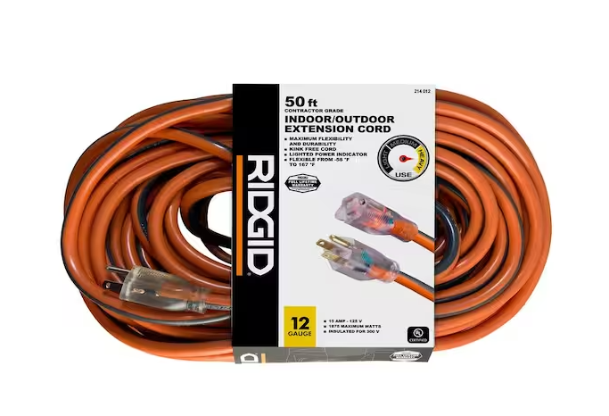 Photo 1 of RIDGID 50 ft. 12/3 Heavy Duty Indoor/Outdoor Extension Cord with Lighted End, Orange/Grey
5
