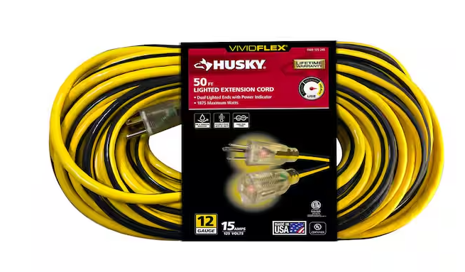 Photo 1 of Husky VividFlex 50 ft. 12/3 Heavy Duty Indoor/Outdoor Extension Cord with Lighted End, Yellow