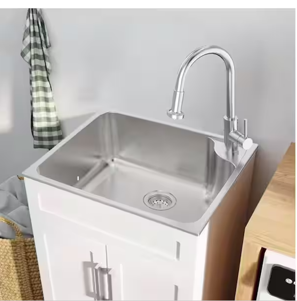 Photo 1 of 24 in. W Drop-In Stainless Steel Laundry Sink with Faucet and White Storage Cabinet