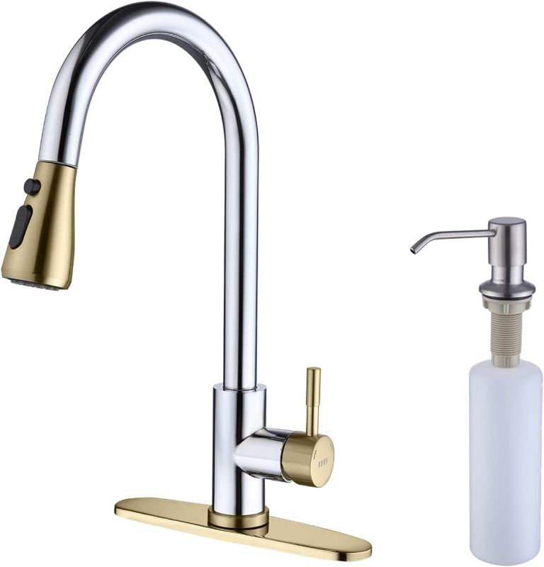 Photo 1 of Kitchen Faucet with Pull Down Sprayer, Gold and Polished Chrome Out Kitchen Faucet with Kitchen Soap Dispenser, Single Level Stainless Steel Kitchen Faucet, Single Handle High Arc Kitchen Faucet
