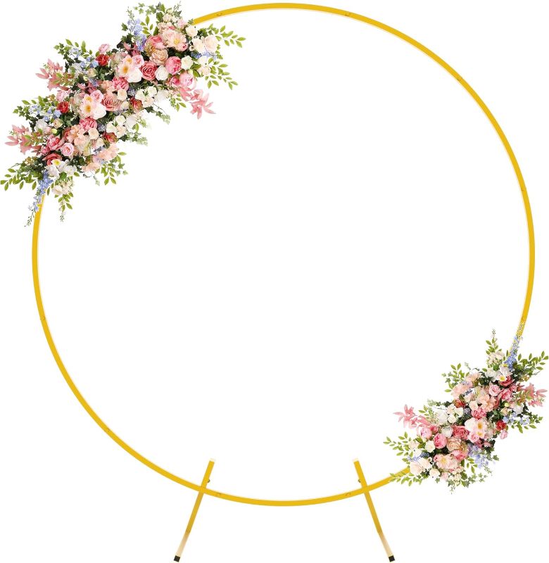 Photo 1 of 5FT Gold Round Backdrop Stand Metal Circle Balloon Arch Frame Wedding Arch for Ceremony Birthday Party Anniversary Bridal Graduation Decoration