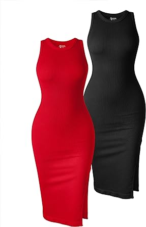 Photo 1 of OQQ Women's 2 Piece Dress Sexy Ribbed Halter Neck Fashion Split Tank Tops Dresses, SMALL