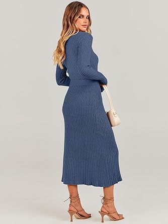 Photo 1 of **** 2 pack **
ANRABESS Women Long Sleeve V Neck A-line Tie Waist Slim Fit Ribbed Knit Bodycon Midi Sweater Dress 2024 Fall Trendy Outfits