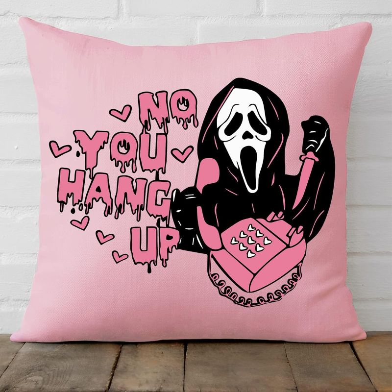 Photo 1 of 18x18 Inch Pink Throw Pillow Cover - 'No You Hang Up' Funny Horror Ghost Design, Romantic Halloween Valentine's Day Decor, Soft Pillowcase for Sofa, Bedroom, Car, Birthday Party Supplies
2 PACK 