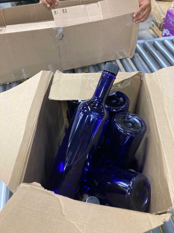 Photo 2 of 16 Pcs 25 oz/ 750 ml Empty Long Neck Plastic Wine Bottles with Screw Lids PVC Shrink Capsules Empty Bordeaux Style Liquor Bottles with Funnel for Drinks Home Travel Wedding Bar Party (Blue)