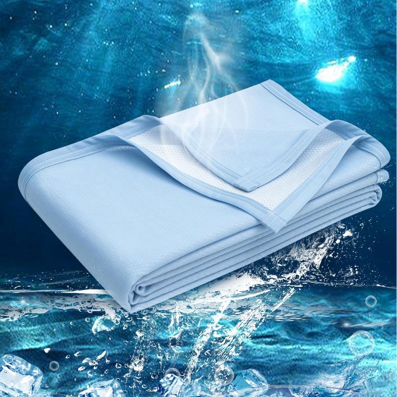 Photo 1 of Cooling Blanket King, Ultra Cooling Blankets for Hot Sleepers Breathable Summer Blanket, Cool Blanket for Night Sweats Soft Cooling Throw Blanket for Bed Sofa Couch Travel, 90"x108" White&Blue