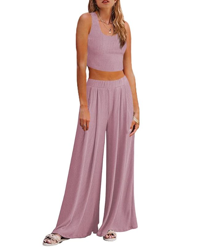 Photo 1 of Lveberw Lounge Set Womens, Outfits Sets, Ribbed Crop Top Long Sleeve, Palazzo Pants - Loose Sweatsuit Knit,2 Piece Pajamas Medium D-lotus Pink