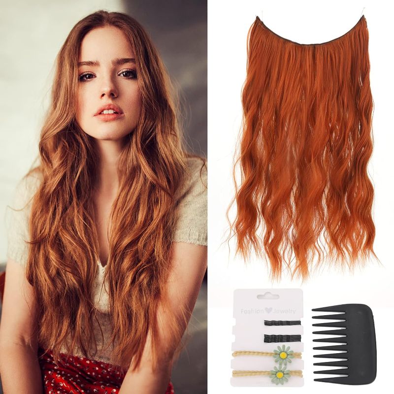 Photo 1 of ***2 PACK*** Invisible Wire Hair Extensions with Transparent Wire Adjustable Size 3 Secure Clips Long Wavy Secret Synthetic Hairpiece for Women(20 Inch?Orange?