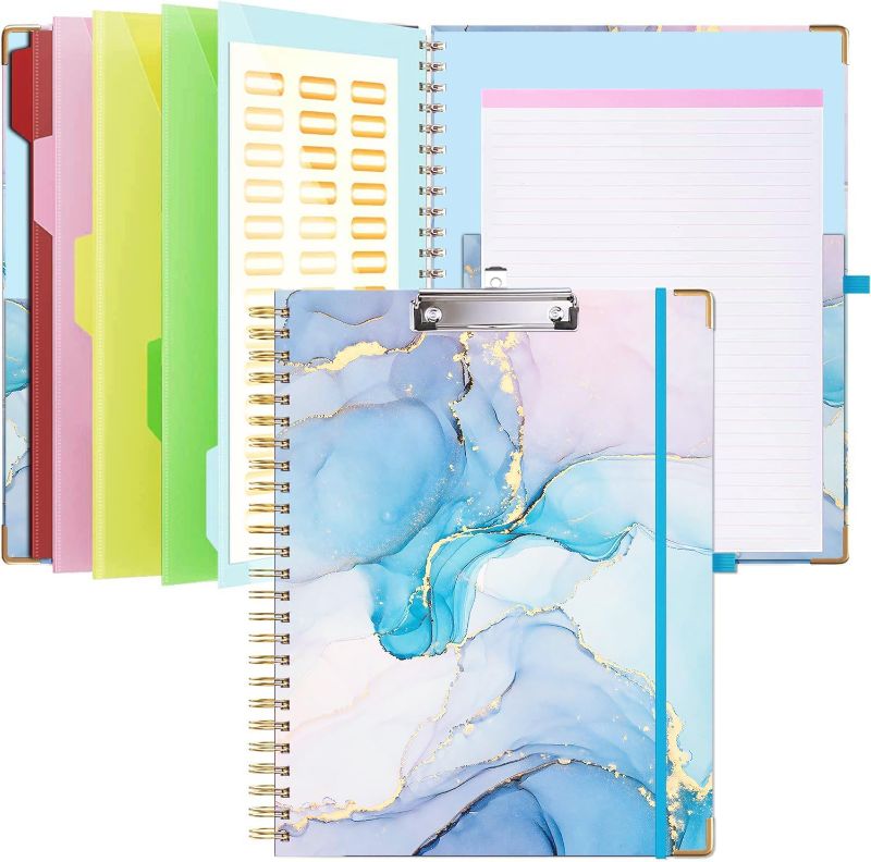 Photo 1 of Clipboard Folio with Notepad for Letter Size, Cute Spiral Clipboard Folder with Storage(12.8"x9.7"), 5-Tab Colorful Dividers with 10 Pockets, Pen Loop Series(Blue Marble)