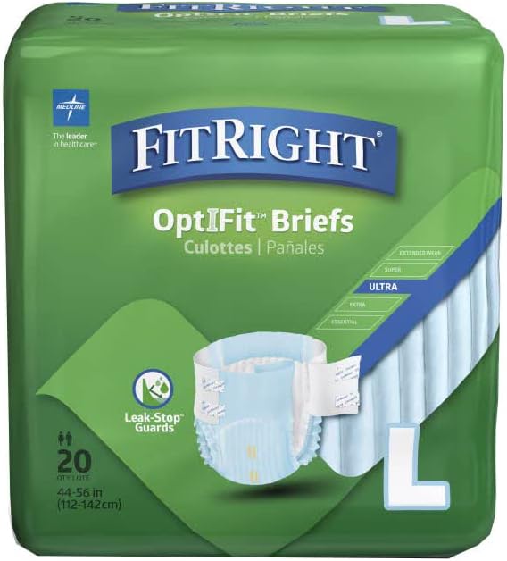 Photo 1 of Medline FitRight OptiFit Ultra Adult Briefs, Incontinence Diapers with Tabs, Heavy Absorbency, Large, 44 to 56", 20 Count