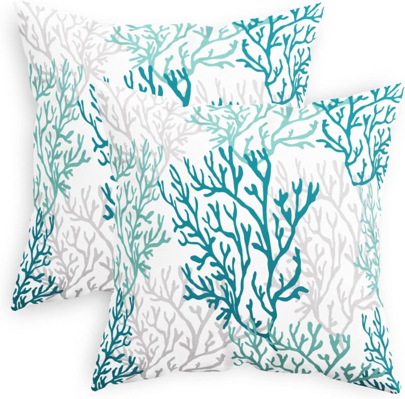 Photo 1 of CaliTime Throw Pillow Cases Pack of 2 Cozy Fleece Three-Tone Sea Coral Tree Decorative Cushion Covers for Couch Bed Sofa Farmhouse Decoration 18 X 18 Inches Navy Blue Grey