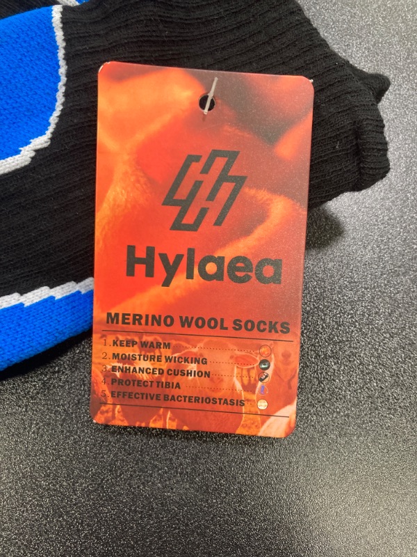 Photo 2 of Hylaea Merino Wool Ski Socks, Cold Weather Socks for Snowboarding, Snow, Winter, Thermal Knee-high Warm Socks, Hunting Blue\black size 43 to 47XL