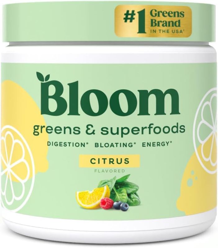 Photo 1 of Bloom Nutrition Greens and Superfoods Powder for Digestive Health, Greens Powder with Digestive Enzymes, Probiotics, Spirulina, Chlorella for Bloating and Gut Support, Green Juice Mix, 30 SVG, Citrus