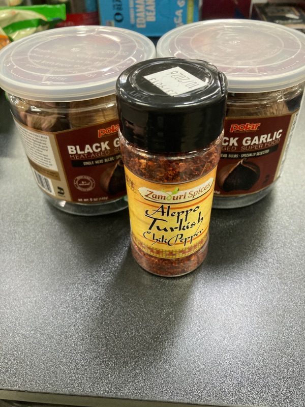 Photo 3 of 3 item bundle Chili pepper spice and garlic
Aleppo Turkish Chili Pepper 2 Oz By Zamouri Spices, 2 Polar Black Garlic Naturally Cured Super Food Single Head Bulbs, 5oz