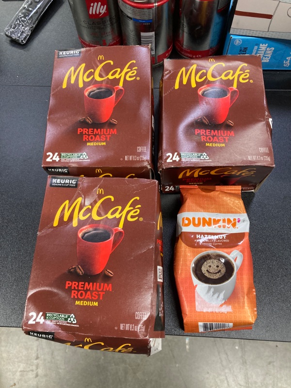 Photo 3 of Coffee bundle 4 items
3 Premium Roast K-Cup Pods, 24 Count each/ 
1 Dunkin' Hazelnut Flavored Ground Coffee, 12 Ounce