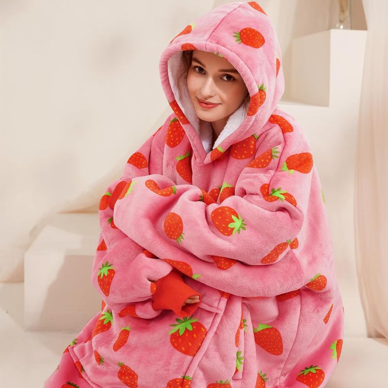 Photo 1 of Narecte Oversized Blanket Hoodie Blanket for Women,Wearable Blanket Adult Giant Hoodie Cozy Sweatshirt Kawaii Stuff,Birthday Gifts for Women, for Sister,Teen Girl Gifts Strawberry