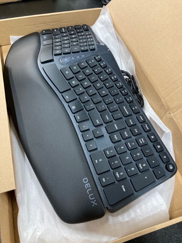 Photo 2 of DeLUX Wired Ergonomic Split Keyboard with Wrist Rest, [Standard Ergo] Keyboard Series with 2 USB Passthrough, Natural Typing Reducing Hand Pressure, 107 Keys for Windows and Mac OS (GM901U-Black)