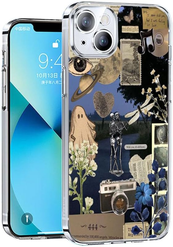 Photo 1 of Aesthetic Case for iPhone 13 Trendy Design TPU Bumper Case for Women Girl Support Wireless Charging,Aesthetic Skeleton Psychedelic Space Collage Pattern