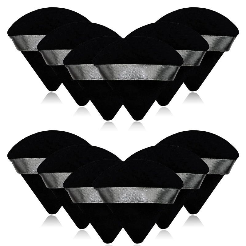 Photo 1 of 12 Pieces Black Cosmetic Powder Puff,2.76 inch Portable Soft Sponge Setting Face Puffs,Triangle Velvet Powder Puff with Ribbon Band Handle for Loose Powder Body Powder Makeup Tool