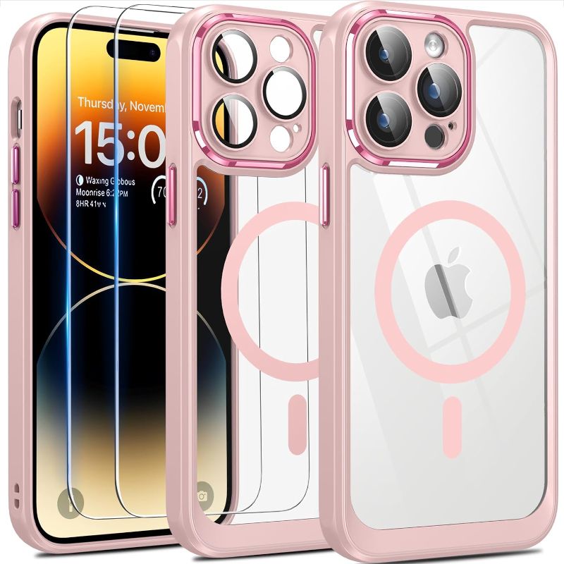 Photo 1 of Oneagle Magnetic for iPhone 14 Pro Max Case Clear, [Compatible with Magsafe][30X Anti-Yellow][Built-in Lens Protector][Metal Lens Frame],14 Pro Max Phone Case with 2 Screen Protectors(Pink)