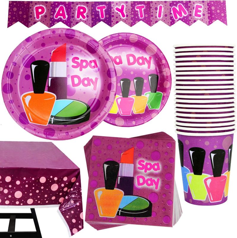 Photo 1 of 102 Piece spa party supplies for girls girls spa party favors set Including Banner, Plates, Cups, Napkins and Tablecloth, spa party decorations, girls spa party supplies Serves 25 with spa party packs