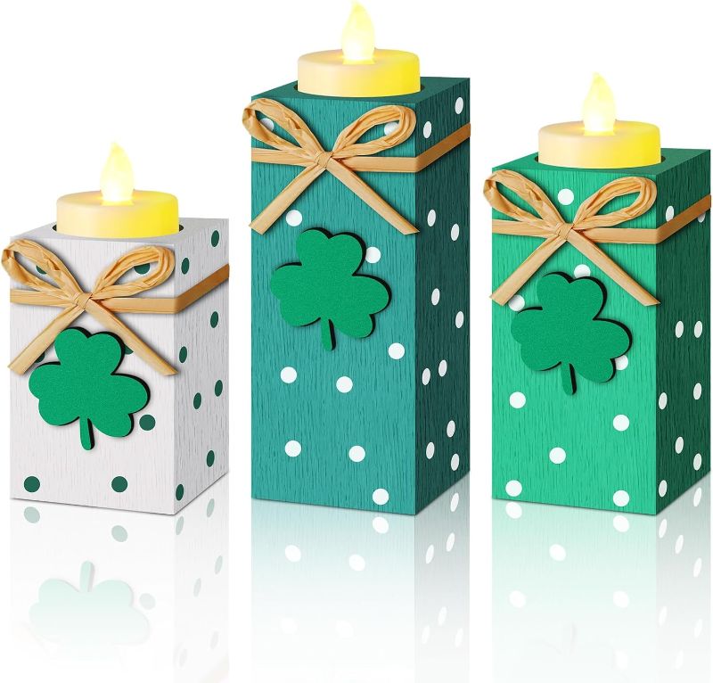 Photo 1 of 3 Pcs St. Patrick's Day Tea Light Holders Wooden Holiday Shamrock Votive Candle Holders Irish Wood Table Sign with Clover Pattern for Home Decor Dining Table Centerpiece Decorations