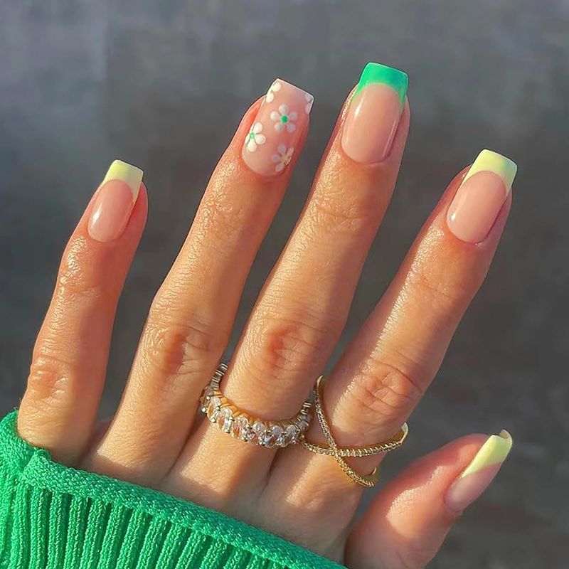 Photo 1 of 24 Pcs Medium Fake Nails Square Press on Nails Yellow Green French Tips Nails with White Flower Pattern Designs Pink Artificial Full Cover False Nails...
