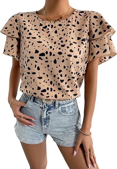 Photo 1 of SOLY HUX Women's Graphic Print Blouse Allover Print Top Layered Short Sleeve Crew Neck Summer Shirt Tops
