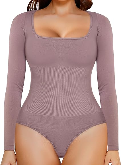 Photo 1 of Gotoly Long Sleeve Bodysuit Shapewear for Women Tummy Control Square Neck Basic Bodysuit Seamless faja Colombiana Body Shaper
