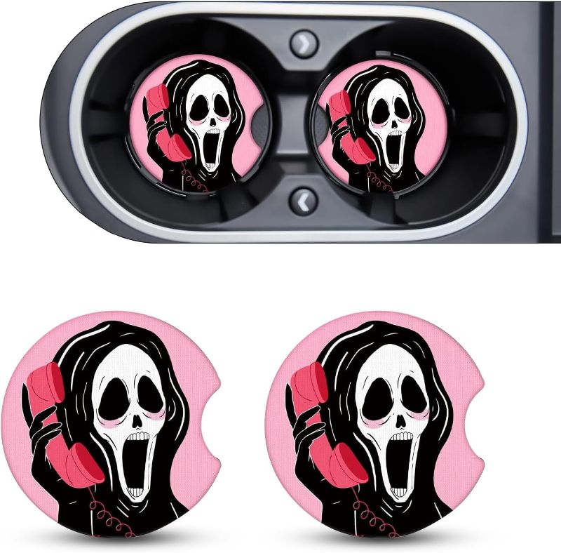 Photo 1 of 2 PCS Car Screaming Skull Skeleton Coaster, 2.75" Non-Slip Absorbent Rubber Coaster with Finger Notches, Creative Funny Insert Coaster Decal Decoration, Unisex Car Interior Accessories (Pink)
