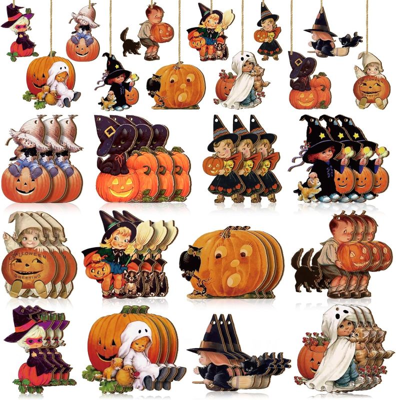 Photo 1 of 24 Pcs Halloween Wood Ornaments Halloween Tree Decorations Hanging Vintage Halloween Decor Pumpkin Wood Halloween Christmas Ornaments for Holiday Party Home Decor