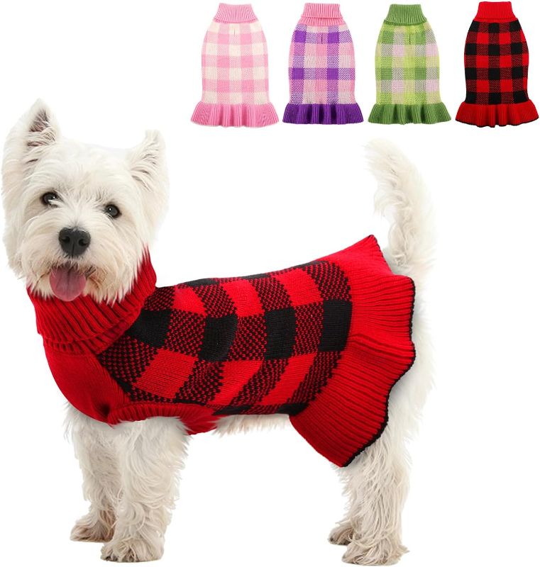 Photo 1 of Dog Sweater Dress Plaid Knitwear for Small Medium Dogs Warm Puppy Pet Turtleneck Stretch Pullover Cute Fall Winter Vest Clothes with Leash Hole for...
