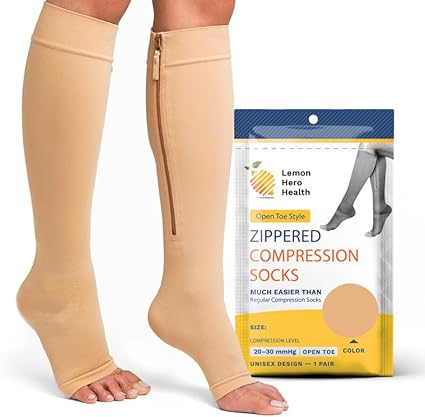 Photo 1 of Lemon Hero Medical Zippered Pregnancy Compression Socks for Women - Open Toe 20-30 mmHg Maternity Compression Socks, Perfect for Varicose Veins & Swollen Muscle Pain – 2 XL, Beige [1 Pair]