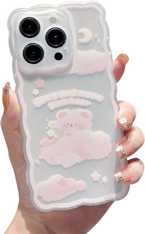 Photo 1 of SZXYCZL Compatible with iPhone 15 Pro Phone Case,Cute Cartoon Floral Bear Butterfly Design for Women Girls Aesthetic Kawaii Slim Soft TPU Transparent Case-Light Pink