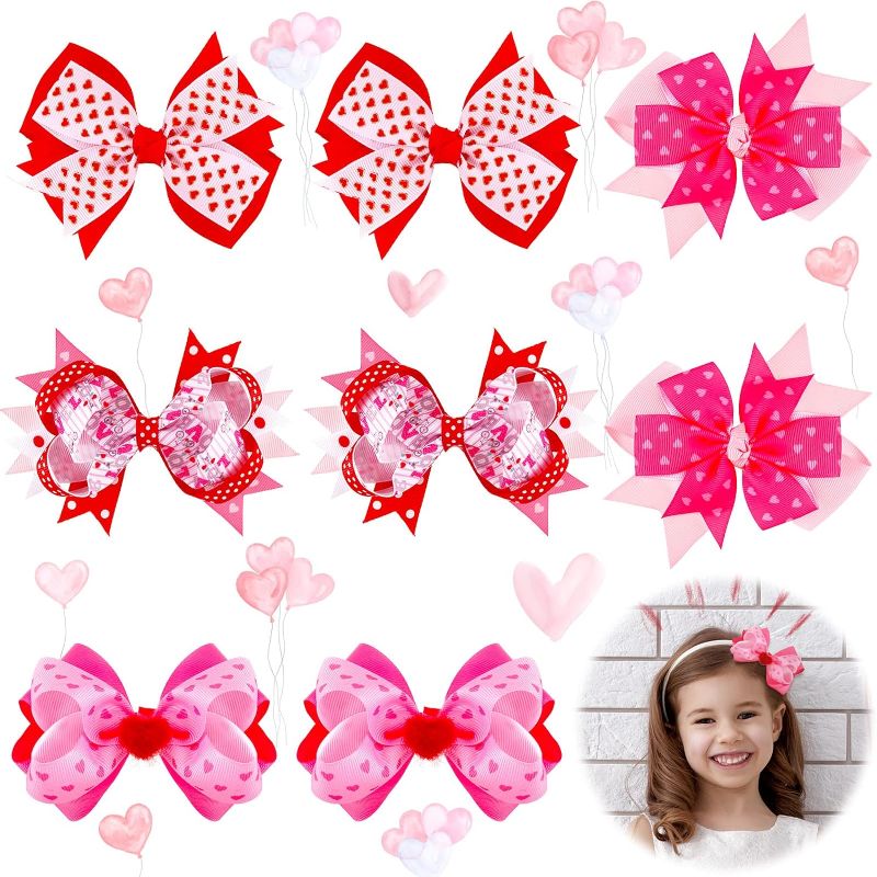 Photo 1 of 8 Pieces Valentine Hair Bow Large Red Bow with Clips Pink Bow Love Ribbon Valentines Day Bows for Girls Double Layer Heart Hair Bow Bowknot Headwear Hairpin Alligator Clips for Women Girls, 4 Styles