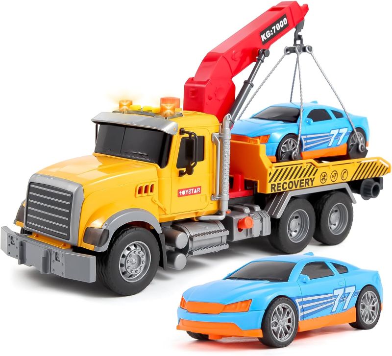 Photo 1 of Kids Truck Toys for 3 4 5 6 7 Years Old Boys, 15" Large Tow Truck Toy Transport Truck Crane Toy with Roadster, Toddler Trucks Toy Car Boy Toys Birthday Gifts for Boys 3-5 with Lights Sounds