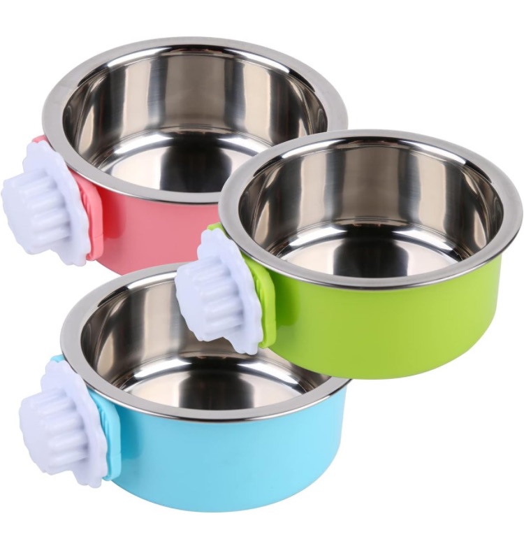 Photo 1 of Crate Dog Bowl, Removable Stainless Steel Hanging Pet Cage Bowl Food & Water Feeder Coop Cup for Cat, Puppy, Birds ,Rabbits, Rats, Guinea Pigs (3pcs(Blue ,Green ,Pink))