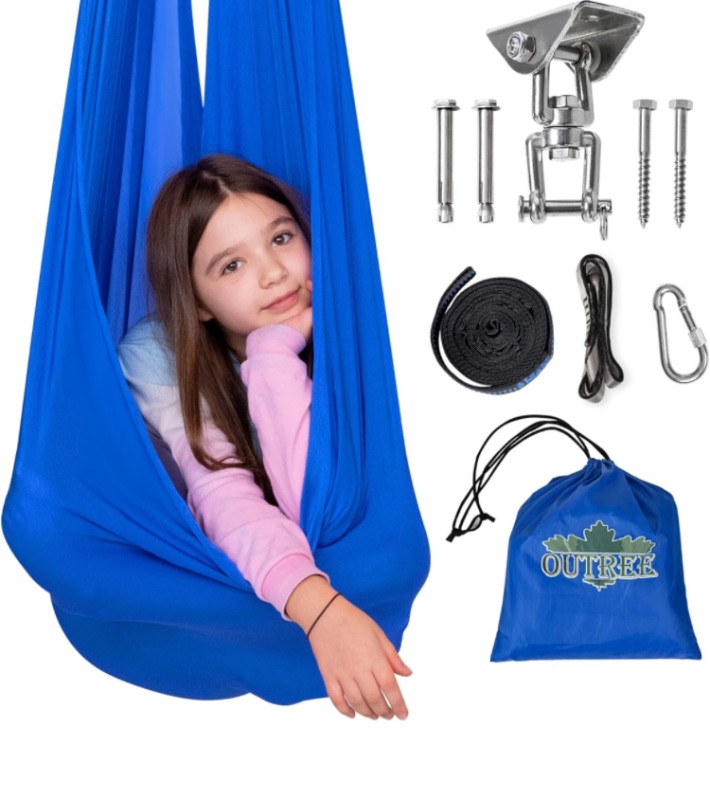 Photo 1 of OUTREE Sensory Swing for Kids with 360° Swivel Hanger, Indoor Therapy Swing Great for Autism, ADHD, Sensory Processing Disorder, and Autistic Children Blue