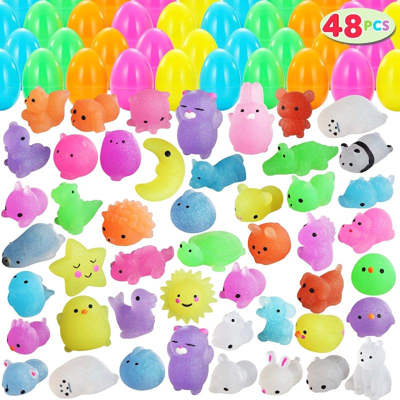 Photo 1 of JOYIN 48 Pcs Glitter Mochi Squishy Toy Prefilled Easter Eggs, Filled with Mochi Toys for Kids Easter Eggs Hunt, Easter Basket Stuffers Fillers, Easter Party Favors, Easter Classroom Prize Supplies