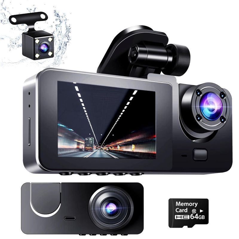 Photo 3 of Dash Camera for Cars, 4K 170° Wide Angle 3 Channel Dash Cam with 64 GB SD Card, Front and Rear Cameras with Night Vision and Waterproof Function, 2.0'' IPS HD Screen, Loop Record, G-Sensor, 24H Park