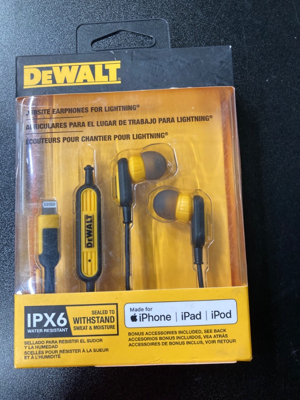 Photo 1 of DEWALT Earphones for Lightning — Apple Compatible Wired Headphones — Jobsite Water-Resistant Earphones for iPhone — Wired Headphones for iPhone