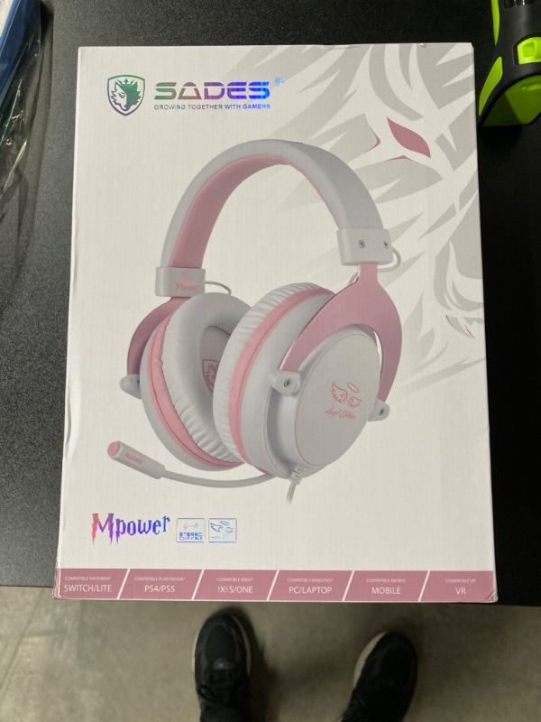 Photo 2 of SADES MPOWER Stereo Gaming Headset for PS4, PC, Mobile, Noise Cancelling Over Ear Headphones with Retractable and Flexible Mic & Soft Memory Earmuffs for Laptop Nintendo Switch Games-Angel Edition