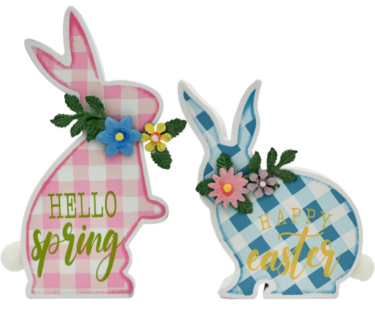 Photo 1 of Easter Bunny Decorations 2 PCS Lattice Happy Easter Table Sign Wooden Hello Spring Tabletop Farmhouse Rustic Rabbit Table Decor for Home Tiered Tray