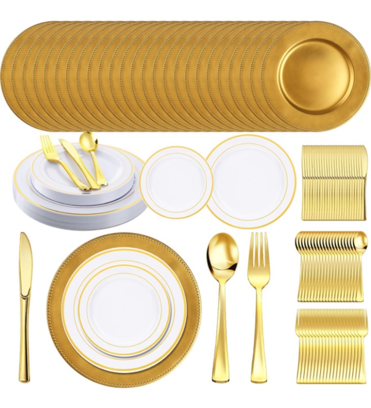 Photo 1 of 150 Pcs Gold Reusable Dinnerware Set 13 Inch Beaded Round Plastic Plates 7.5 Inch 10.25 Inch White Plates with Gold Rim Knives Forks Spoons for 25 Guest Dessert Wedding Party Supplies