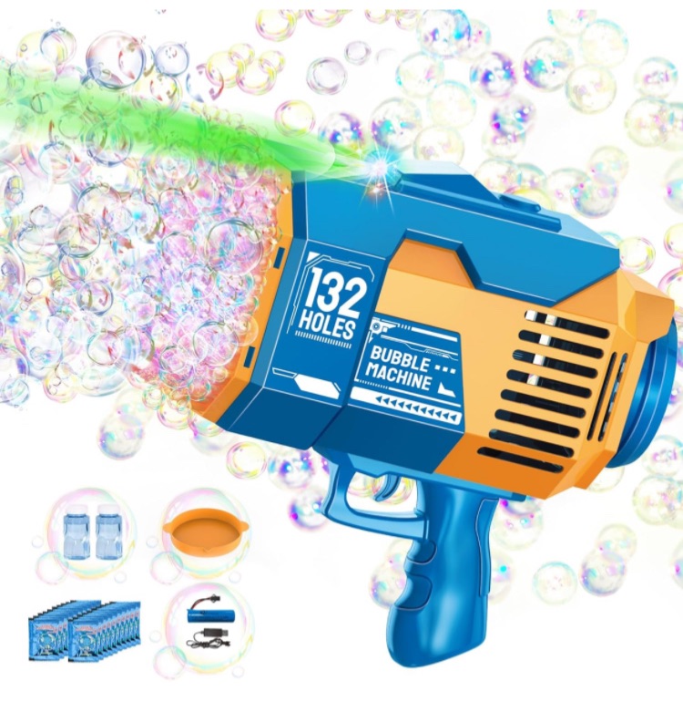 Photo 1 of Bazooka Bubble Gun - Upgraded 132 Holes Bubble Machine Gun, Rocket Bubble Machine with Light & Bubble Solutions, Summer Toys Bubble Blaster Maker for Kids, Wedding, Birthday Gift, Party Favors - Blue