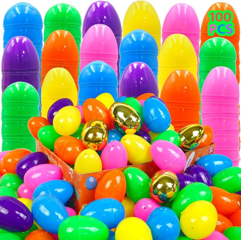 Photo 1 of [ 6 Golden Eggs ] 100 Pack Plastic Easter Eggs Bulk, 6 Colors 2.3" Empty Shell Easter Eggs Fillable for Easter Eggs Hunt Suprise Eggs Classroom Prize Supplies Easter Basket Stuffer Filler Party