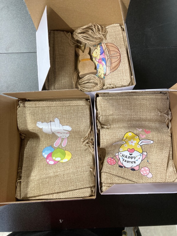 Photo 2 of 96 Pcs 5 x 7'' Easter Burlap Drawstring Bags with Bunny Tag Easter Candy Bags Bunny Linen Goody Gift Bags with Double Jute Cute Bunny Burlap Gift Bag for Easter Party 3 pack