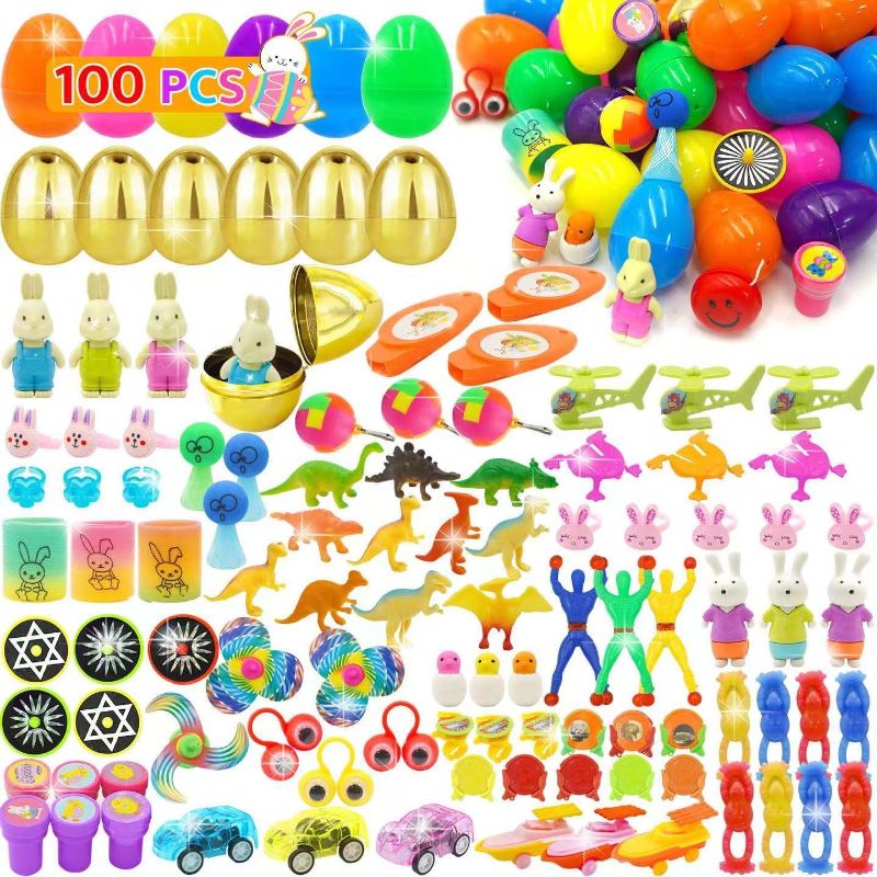 Photo 1 of [6 Surprise Golden Eggs] 100 Pack Prefilled Easter Eggs with Assorted Toys, 100 Plastic Easter Eggs Fillers with Fidget Toys, Easter Eggs Hunt Party Favor for Kids Girls Boys Easter Basket Stuffers